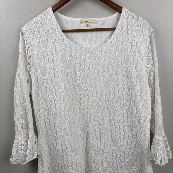 cactus Tops - Cactus Brand Women's Lace Blouse Large White Lined Long Sleeve Ruffled Feminine